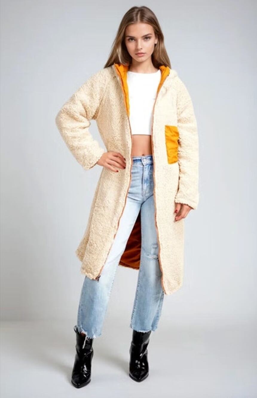 TOBI Jacket Size L Alpine Dual Reversible Sherpa Coat Tan Cream Pockets Puffer